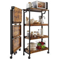 4-Tier Wooden Folding Storage Cart with Locking Wheels - Heavy Duty Kitchen Garage Organizer Shelf - Brown