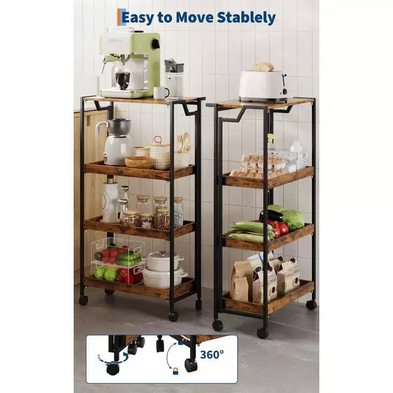 4-Tier Wooden Folding Storage Cart with Locking Wheels - Heavy Duty Kitchen Garage Organizer Shelf - Brown