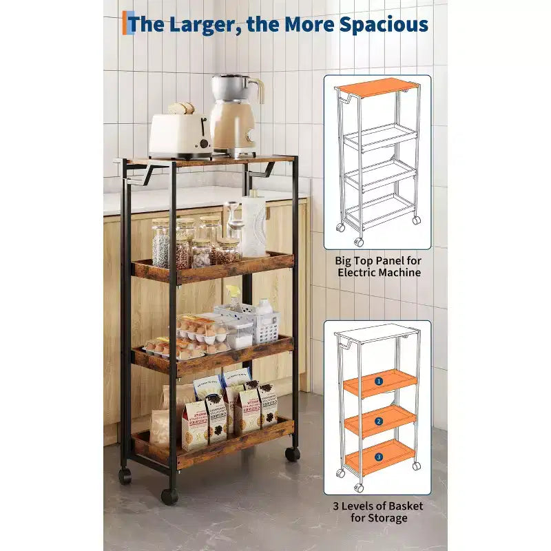 4-Tier Wooden Folding Storage Cart with Locking Wheels - Heavy Duty Kitchen Garage Organizer Shelf - Brown