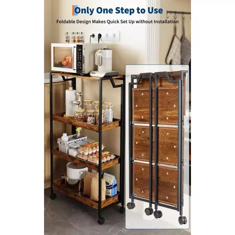 4-Tier Wooden Folding Storage Cart with Locking Wheels - Heavy Duty Kitchen Garage Organizer Shelf - Brown