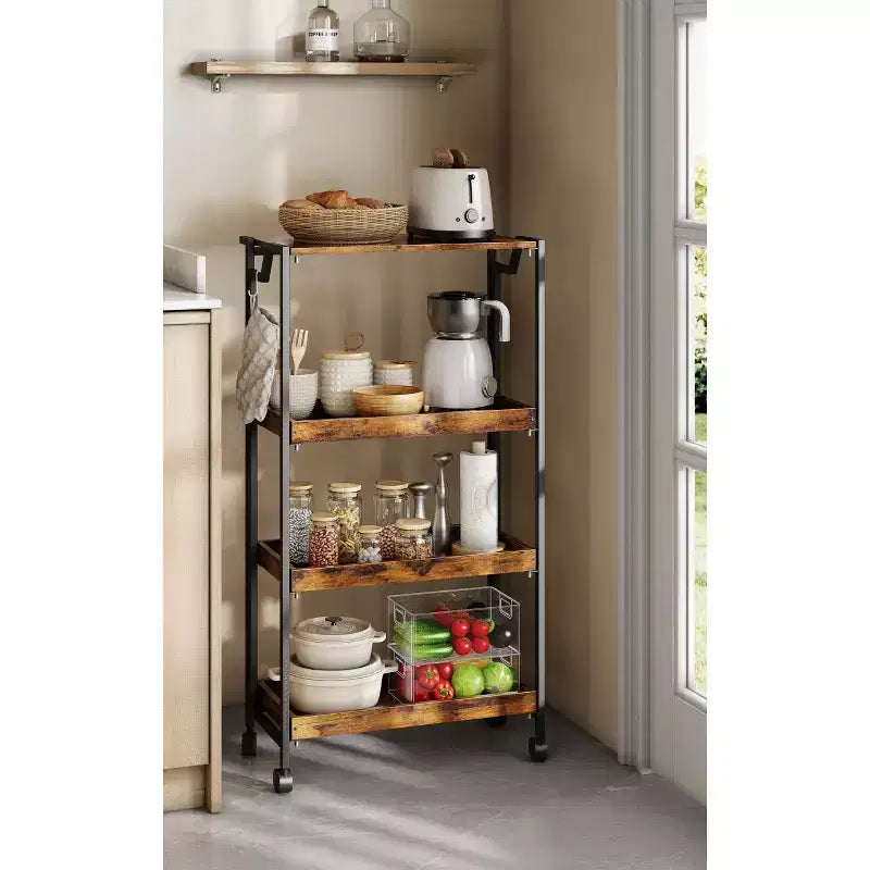 4-Tier Wooden Folding Storage Cart with Locking Wheels - Heavy Duty Kitchen Garage Organizer Shelf - Brown
