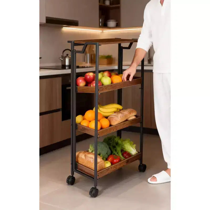 4-Tier Wooden Folding Storage Cart with Locking Wheels - Heavy Duty Kitchen Garage Organizer Shelf - Brown