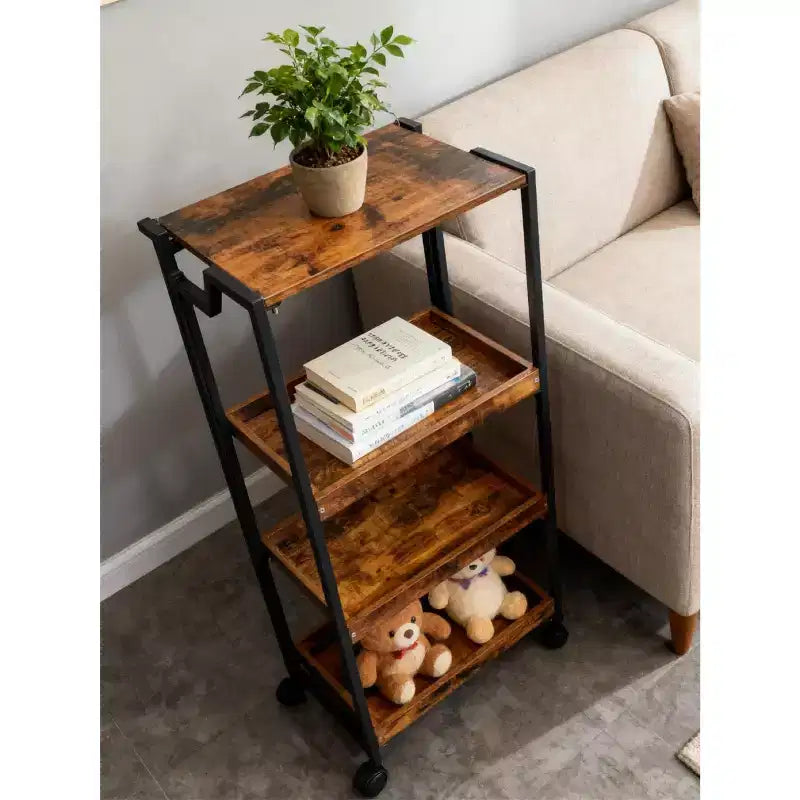 4-Tier Wooden Folding Storage Cart with Locking Wheels - Heavy Duty Kitchen Garage Organizer Shelf - Brown