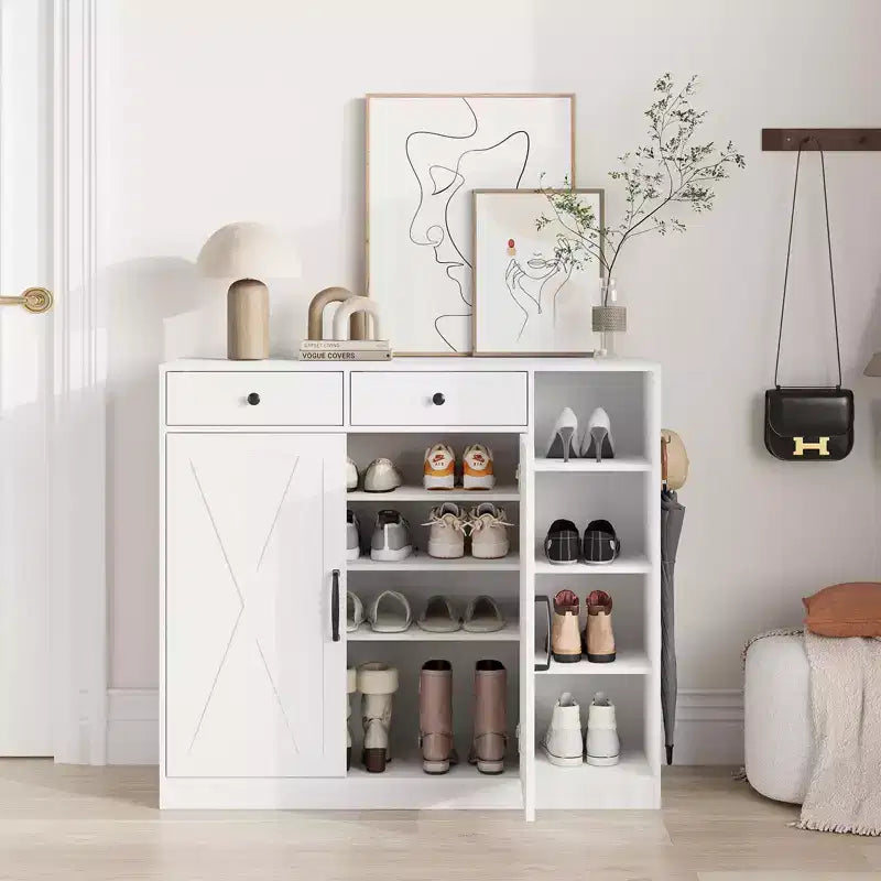 Garvee Farmhouse Shoe Cabinet with 2 Barn Doors & 2 Drawers, 7-Tier Entryway Shoe Storage Cabinet with Adjustable Shelves