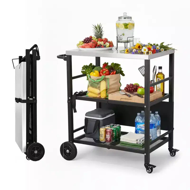 ROVSUN Stainless Steel Foldable Grill Table Cart, Outdoor Food Prep Rolling Cart with Wheels and Storage Shleves, Movable Kitchen Island
