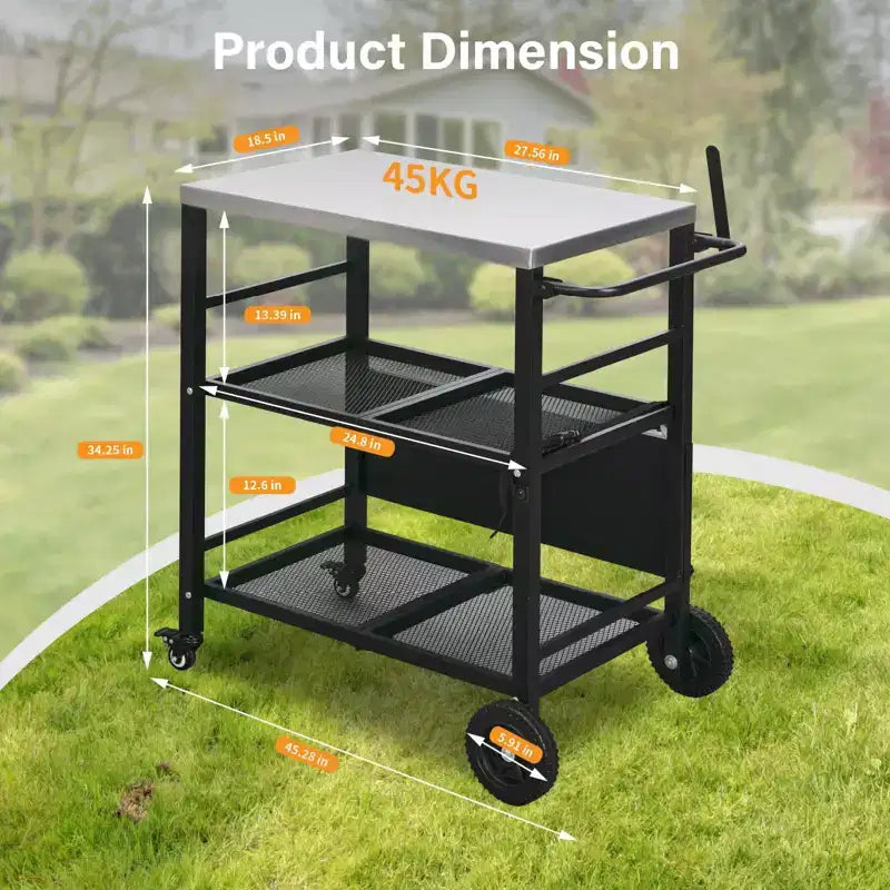 ROVSUN Stainless Steel Foldable Grill Table Cart, Outdoor Food Prep Rolling Cart with Wheels and Storage Shleves, Movable Kitchen Island