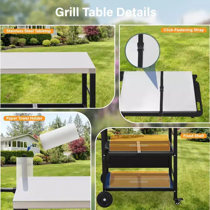 ROVSUN Stainless Steel Foldable Grill Table Cart, Outdoor Food Prep Rolling Cart with Wheels and Storage Shleves, Movable Kitchen Island