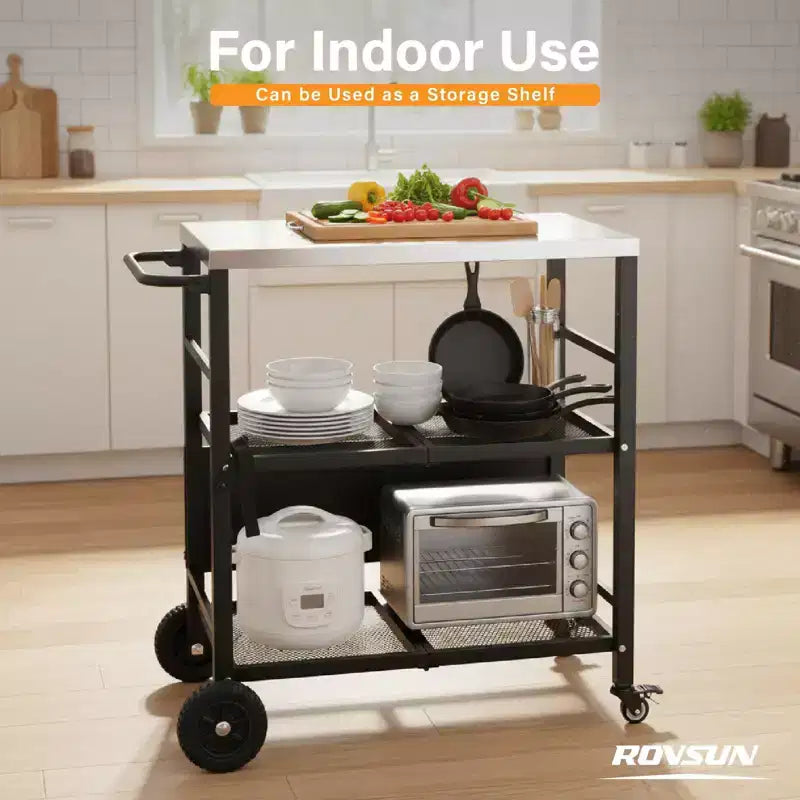 ROVSUN Stainless Steel Foldable Grill Table Cart, Outdoor Food Prep Rolling Cart with Wheels and Storage Shleves, Movable Kitchen Island
