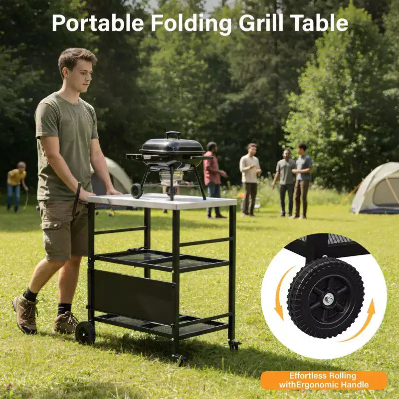 ROVSUN Stainless Steel Foldable Grill Table Cart, Outdoor Food Prep Rolling Cart with Wheels and Storage Shleves, Movable Kitchen Island