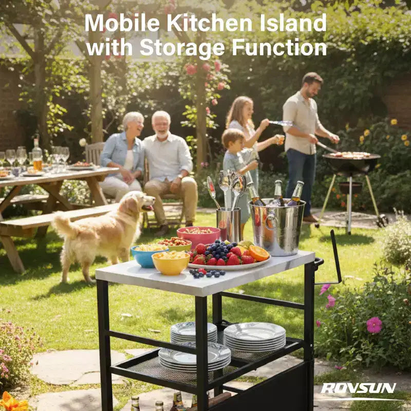 ROVSUN Stainless Steel Foldable Grill Table Cart, Outdoor Food Prep Rolling Cart with Wheels and Storage Shleves, Movable Kitchen Island