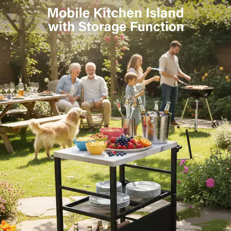 ROVSUN Stainless Steel Foldable Grill Table Cart, Outdoor Food Prep Rolling Cart with Wheels and Storage Shleves, Movable Kitchen Island
