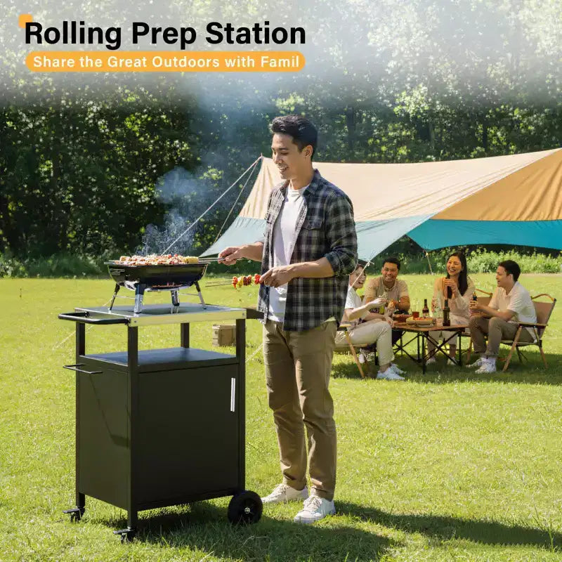 ROVSUN Outdoor Grill Table Cart with Cabinet, Stainless Steel Movable Kitchen Island with Large Storage Cabinet, Multifunction Food Prep Table