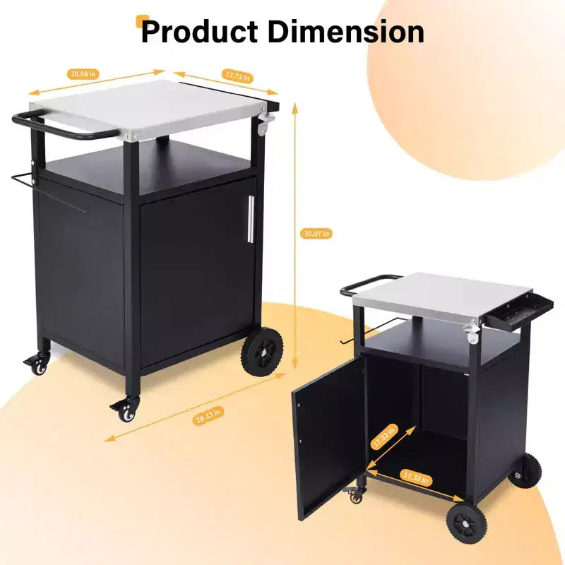 ROVSUN Outdoor Grill Table Cart with Cabinet, Stainless Steel Movable Kitchen Island with Large Storage Cabinet, Multifunction Food Prep Table