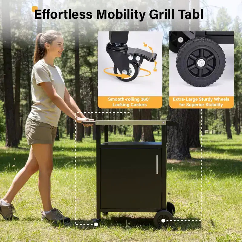 ROVSUN Outdoor Grill Table Cart with Cabinet, Stainless Steel Movable Kitchen Island with Large Storage Cabinet, Multifunction Food Prep Table