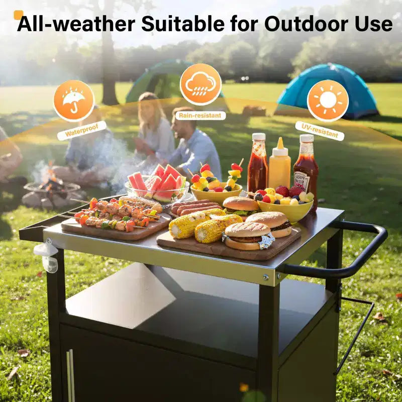 ROVSUN Outdoor Grill Table Cart with Cabinet, Stainless Steel Movable Kitchen Island with Large Storage Cabinet, Multifunction Food Prep Table