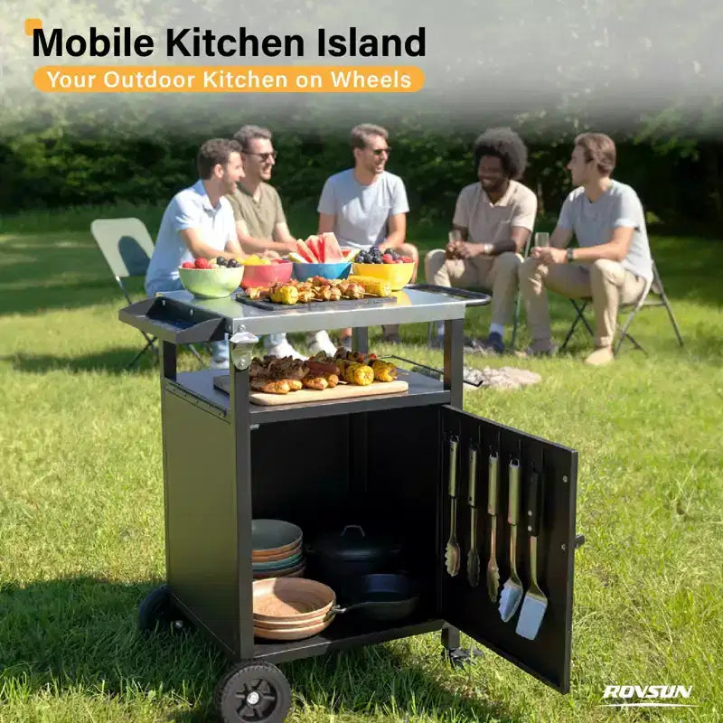 ROVSUN Outdoor Grill Table Cart with Cabinet, Stainless Steel Movable Kitchen Island with Large Storage Cabinet, Multifunction Food Prep Table