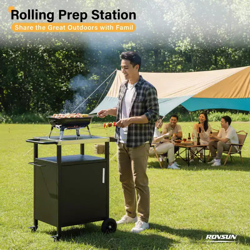 ROVSUN Outdoor Grill Table Cart with Cabinet, Stainless Steel Movable Kitchen Island with Large Storage Cabinet, Multifunction Food Prep Table