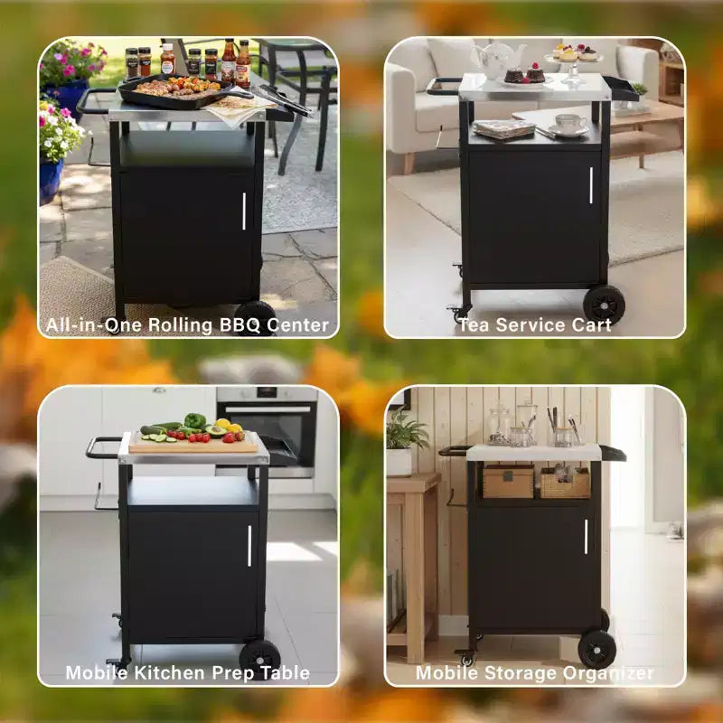 ROVSUN Outdoor Grill Table Cart with Cabinet, Stainless Steel Movable Kitchen Island with Large Storage Cabinet, Multifunction Food Prep Table
