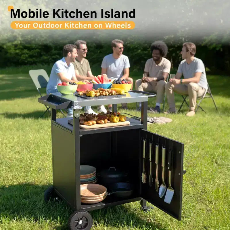ROVSUN Outdoor Grill Table Cart with Cabinet, Stainless Steel Movable Kitchen Island with Large Storage Cabinet, Multifunction Food Prep Table