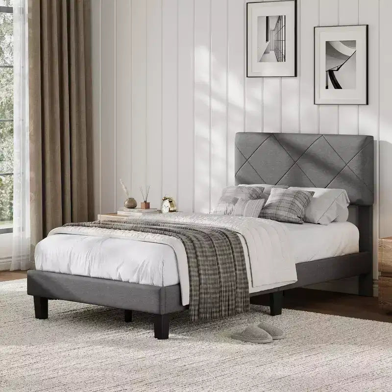 Full Size Bed Frame with Fabric Upholstered Headboard & Wooden Slat Support, No Box Spring Needed, Easy Assembly & Noise Free