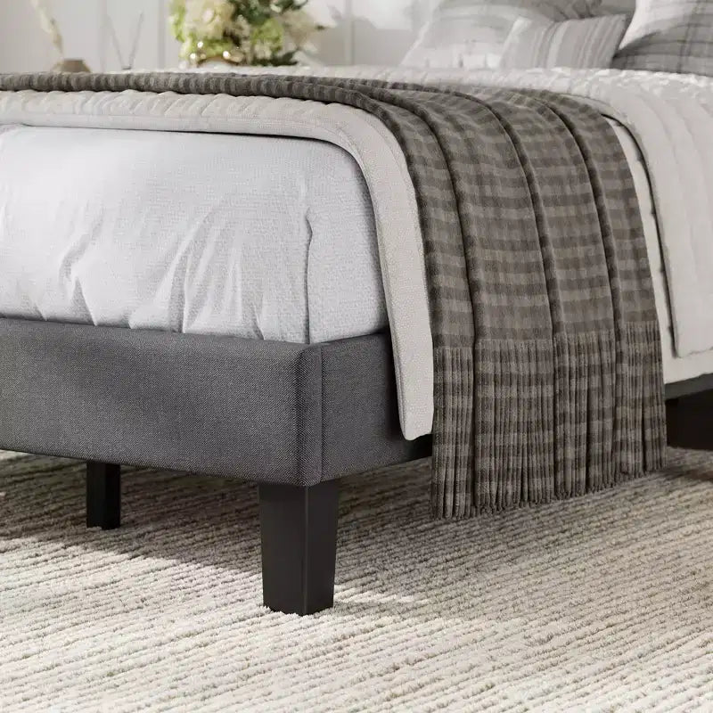 Full Size Bed Frame with Fabric Upholstered Headboard & Wooden Slat Support, No Box Spring Needed, Easy Assembly & Noise Free