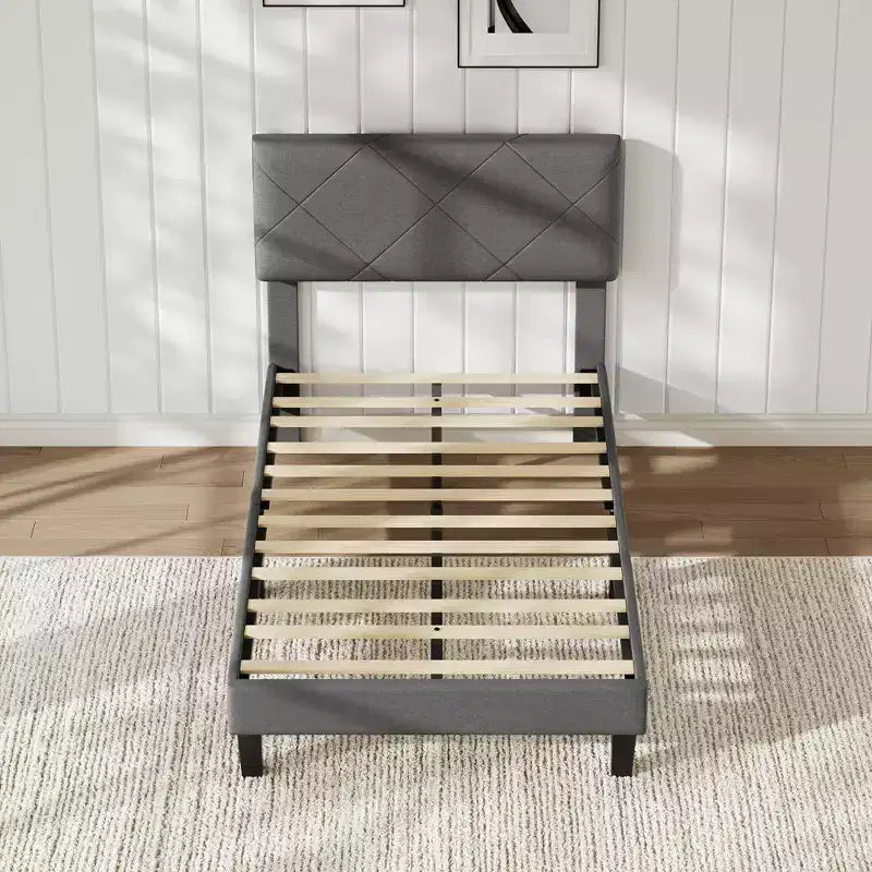 Full Size Bed Frame with Fabric Upholstered Headboard & Wooden Slat Support, No Box Spring Needed, Easy Assembly & Noise Free