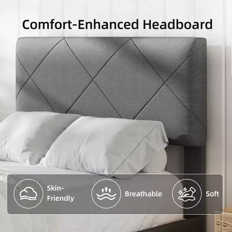 Full Size Bed Frame with Fabric Upholstered Headboard & Wooden Slat Support, No Box Spring Needed, Easy Assembly & Noise Free