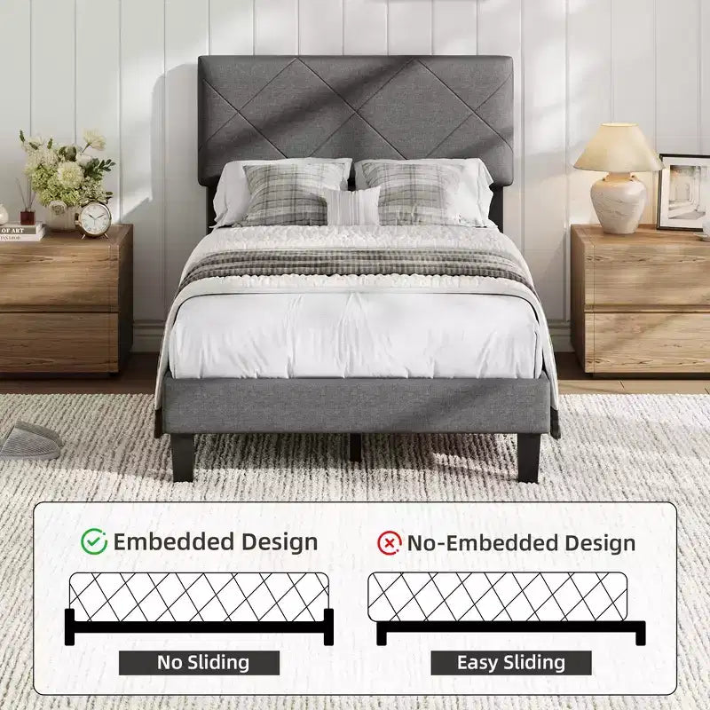 Full Size Bed Frame with Fabric Upholstered Headboard & Wooden Slat Support, No Box Spring Needed, Easy Assembly & Noise Free