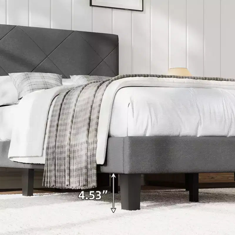 Full Size Bed Frame with Fabric Upholstered Headboard & Wooden Slat Support, No Box Spring Needed, Easy Assembly & Noise Free
