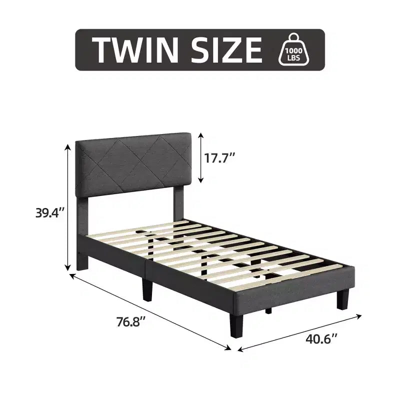 Full Size Bed Frame with Fabric Upholstered Headboard & Wooden Slat Support, No Box Spring Needed, Easy Assembly & Noise Free