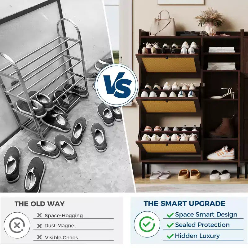Shoe Cabinet with 3 Flip Drawers and 4 Tier Adjustable Shelves, Natural Rattan Shoe Organizer Storage for Entryway Hallway Closet