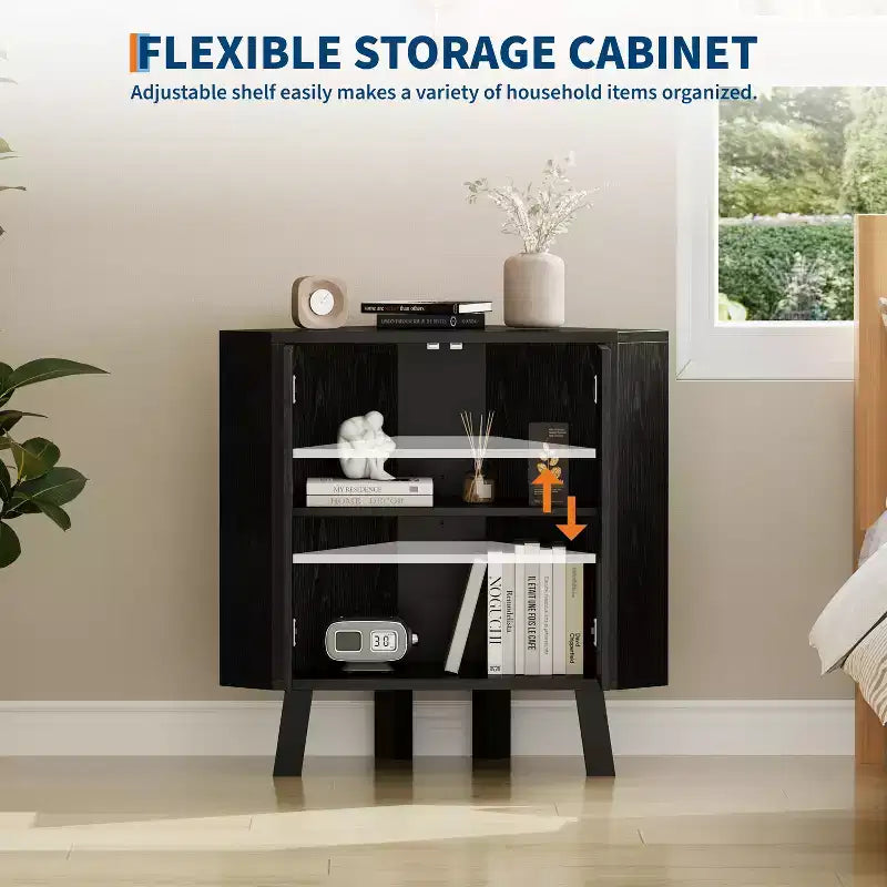 Industrial style corner storage cabinet - three layers, adjustable shelves, compact standalone furniture, suitable for living room and bedroom