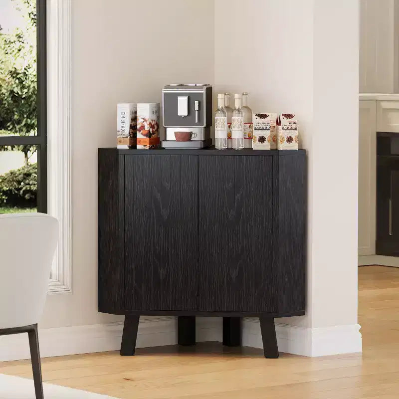 Industrial style corner storage cabinet - three layers, adjustable shelves, compact standalone furniture, suitable for living room and bedroom