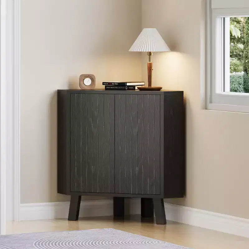 Industrial style corner storage cabinet - three layers, adjustable shelves, compact standalone furniture, suitable for living room and bedroom