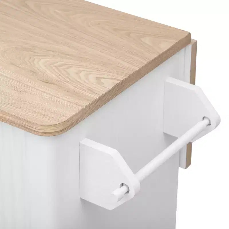 JVNOXK 51-inch Recessed Farmhouse-Style Kitchen Island with Folding Table Top Towel Rack and Rolling Cart, Suitable for Kitchens, White Ash Wood