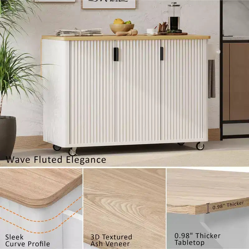 JVNOXK 51-inch Recessed Farmhouse-Style Kitchen Island with Folding Table Top Towel Rack and Rolling Cart, Suitable for Kitchens, White Ash Wood