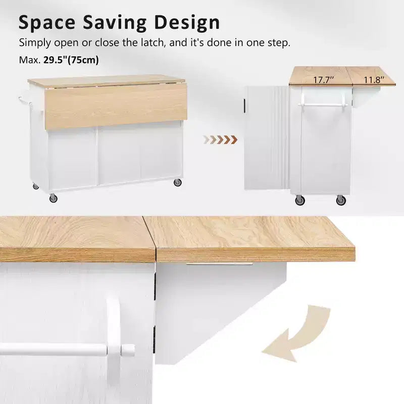 JVNOXK 51-inch Recessed Farmhouse-Style Kitchen Island with Folding Table Top Towel Rack and Rolling Cart, Suitable for Kitchens, White Ash Wood