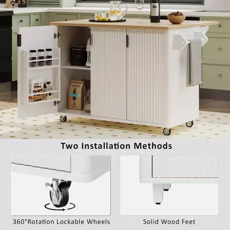 JVNOXK 51-inch Recessed Farmhouse-Style Kitchen Island with Folding Table Top Towel Rack and Rolling Cart, Suitable for Kitchens, White Ash Wood