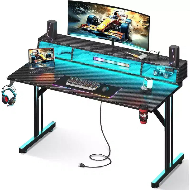 BALHAM TRADE-48 inch LED Gaming Desk with Power Outlets Small Computer Table Float Monitor Stand