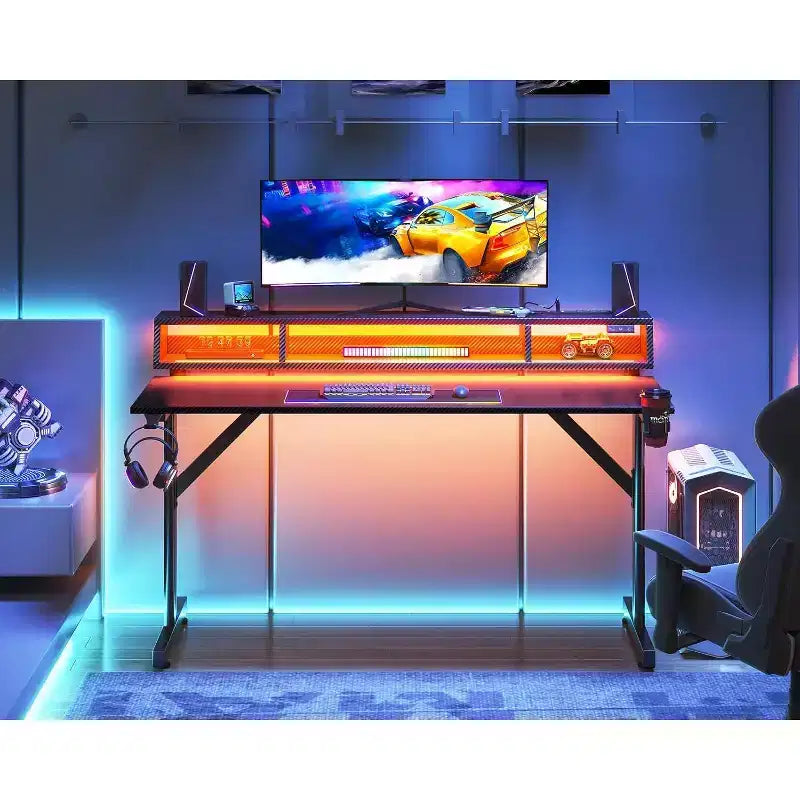 BALHAM TRADE-48 inch LED Gaming Desk with Power Outlets Small Computer Table Float Monitor Stand