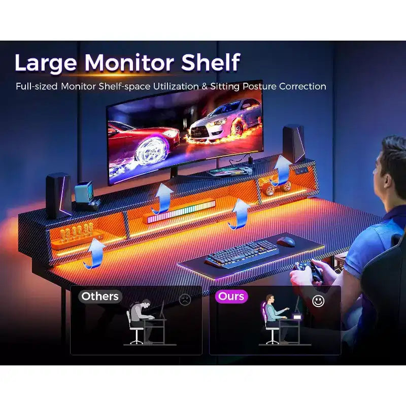 BALHAM TRADE-48 inch LED Gaming Desk with Power Outlets Small Computer Table Float Monitor Stand
