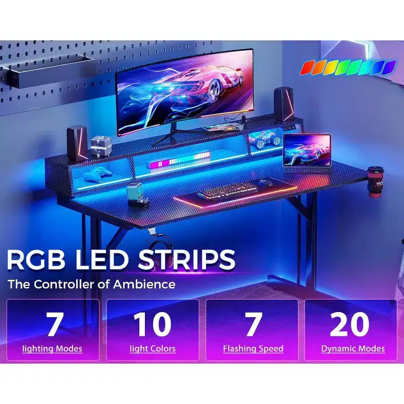 BALHAM TRADE-48 inch LED Gaming Desk with Power Outlets Small Computer Table Float Monitor Stand
