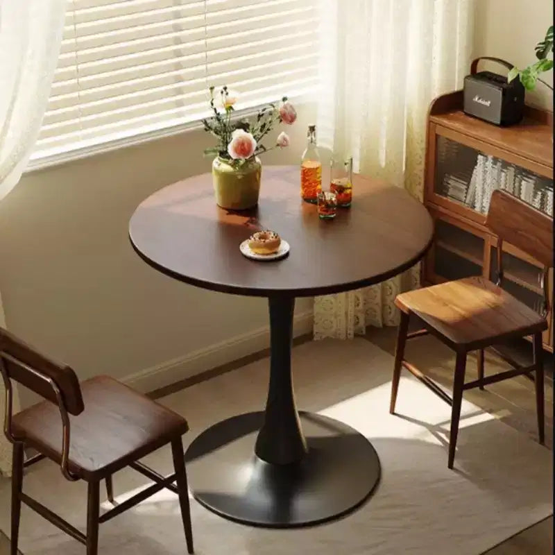 NAYSAYE Round Dining Table End Table with Thickened Tabletop and Steel Base, Modern Bistro Table for Kitchen, Living Room, Walnut, 23.6*19.7*29.1