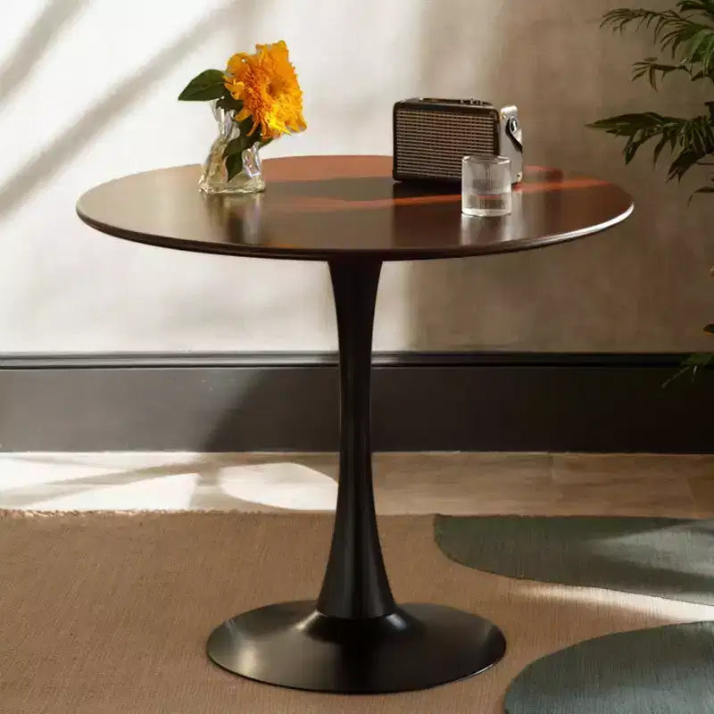 NAYSAYE Round Dining Table End Table with Thickened Tabletop and Steel Base, Modern Bistro Table for Kitchen, Living Room, Walnut, 23.6*19.7*29.1