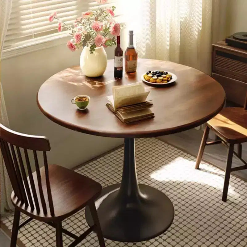 NAYSAYE Round Dining Table End Table with Thickened Tabletop and Steel Base, Modern Bistro Table for Kitchen, Living Room, Walnut, 23.6*19.7*29.1