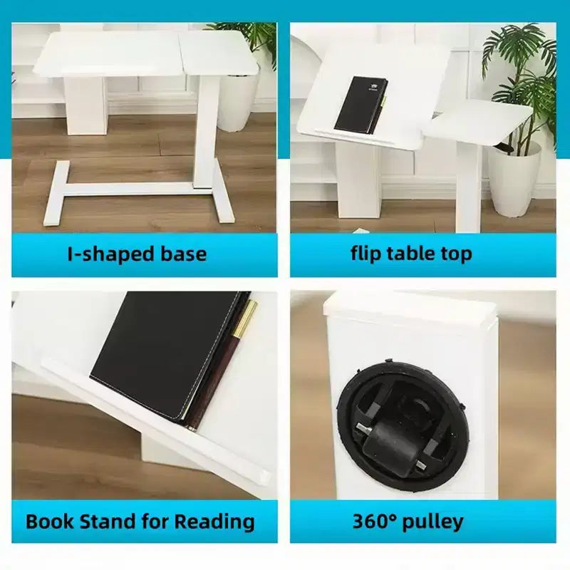 NAYSAYE Overbed Bedside Desk Table End Table Mobile Rolling Laptop Stand Height Adjustable Tray Table for Bed Sofa, White, 31.5*15.7*40