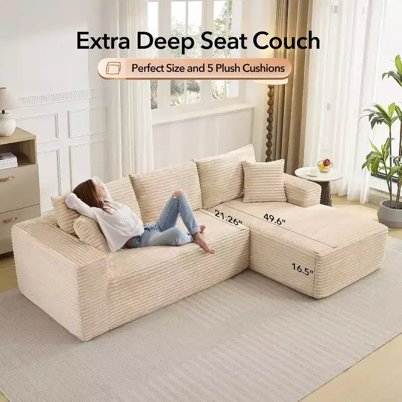 108'' L-Shaped Modular Sectional Sofa  Modern Corduroy Couch, Deep Soft Boneless Seat, Right Chaise, No Assembly, Living Room Furniture