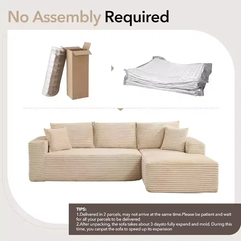 108'' L-Shaped Modular Sectional Sofa  Modern Corduroy Couch, Deep Soft Boneless Seat, Right Chaise, No Assembly, Living Room Furniture