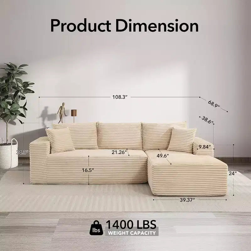 108'' L-Shaped Modular Sectional Sofa  Modern Corduroy Couch, Deep Soft Boneless Seat, Right Chaise, No Assembly, Living Room Furniture