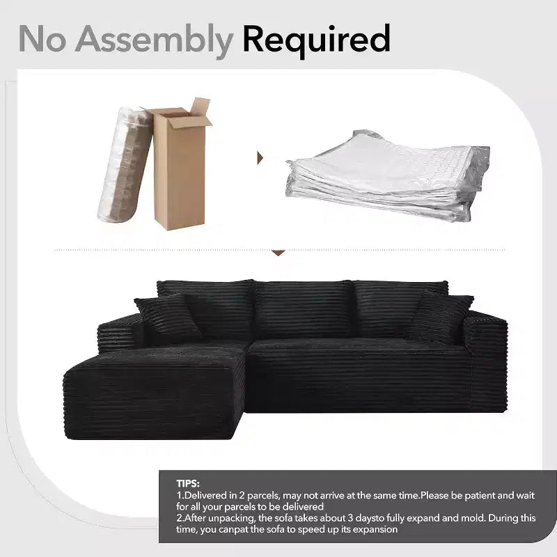 108'' L-Shaped Modular Sectional Sofa  Modern Corduroy Couch, Deep Soft Boneless Seat, Right Chaise, No Assembly, Living Room Furniture